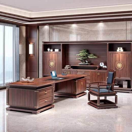 YARXCHEG new Chinese style desk boss desk bookcase set all solid wood ebony wood high-end general manager office executive desk 2.6 meters boss desk