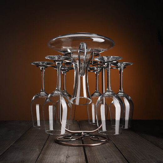 Double small red rack upside down home decoration goblet hanging wine cabinet creative wine rack bamboo base helicopter B style hanging cup integrated rack + 6 wine glasses + decanter