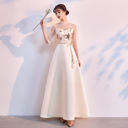 Autumn new bridesmaid dress fairy temperament long style slimming and flesh-covering forest sister group bestie dress simple and elegant dress skirt female high-end 706 [Light Champagne] L