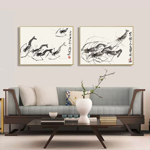 Qi white graphite shrimp new Chinese style decorative painting living room sofa background wall painting ink Chinese style restaurant study hanging painting 23 ink shrimp 3 horizontal version 30*40 simple wood grain color frame + canvas