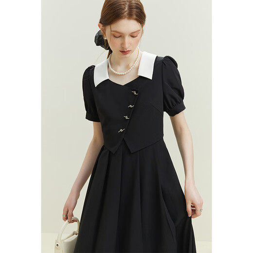 Fanslanen 23FS12399 fake two-piece French style dress for women summer new commuter slimming black XS