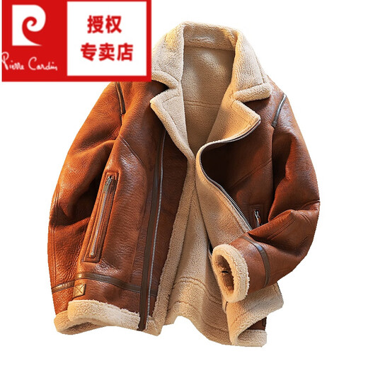 Pierre Cardin suede jacket men's fur integrated sherpa top winter velvet thickened motorcycle parka men's jacket camel XL