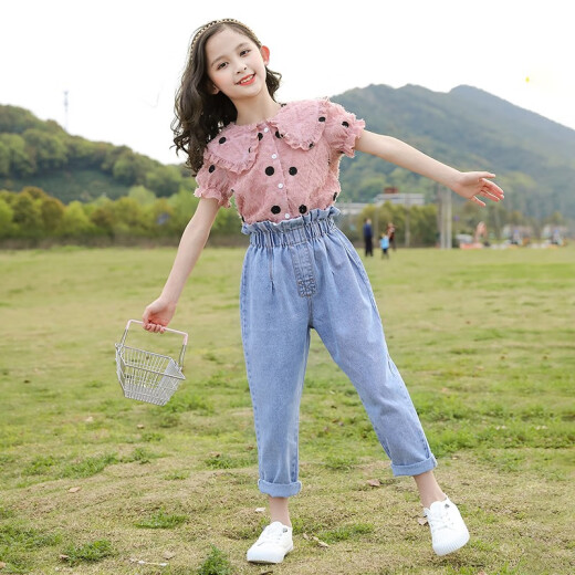 Mipaika cute children's clothing girls suit summer new style children's short-sleeved medium and large children's girl nine-point pants summer style two-piece suit green 140 size recommended height 130-140 cm