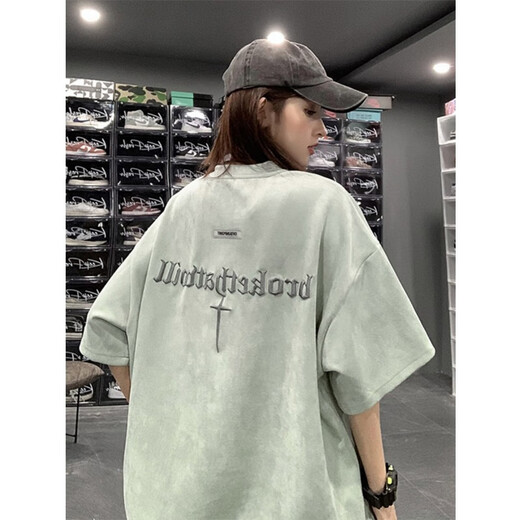 卡图弛 短袖t恤男夏季新款美式复古痞帅半袖重磅潮牌刺绣宽松麂皮绒体恤 灰色 L