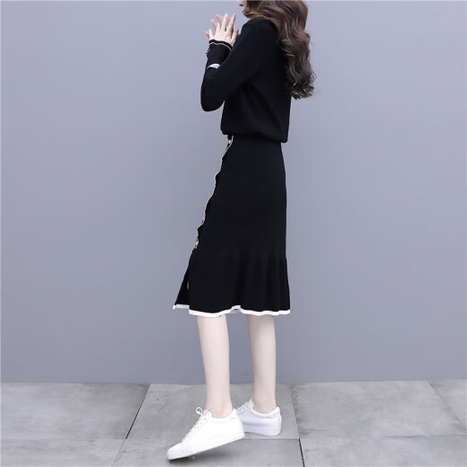 YuJue 2021 Autumn and Winter French First Love Little Fragrance Style Socialite Goddess Style Sweet Knitted Suit Skirt Two-piece Set Women SSDY8805 Black One Size