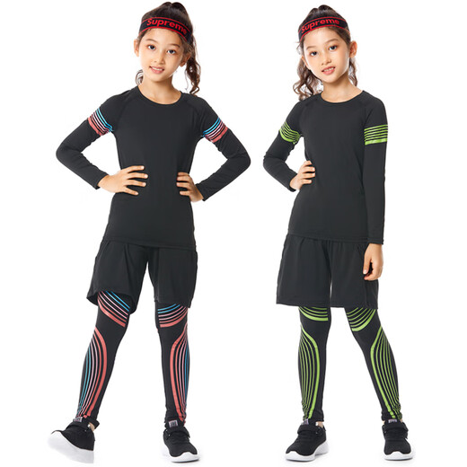 Dika children's tights training clothes quick-drying clothes girls basketball football running yoga clothes girls base layer suit autumn fleece style - black and green 2-piece set 30 yards recommended 150-158 high 80 Jin Jin equals about 0.5 kg