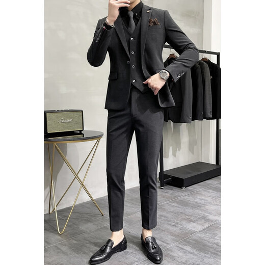 Luo Meng brand light luxury high-end suit suit men's plus size solid color suit suit men's three-piece suit groom wedding dress suit groomsmen dark gray suit + vest + trousers L