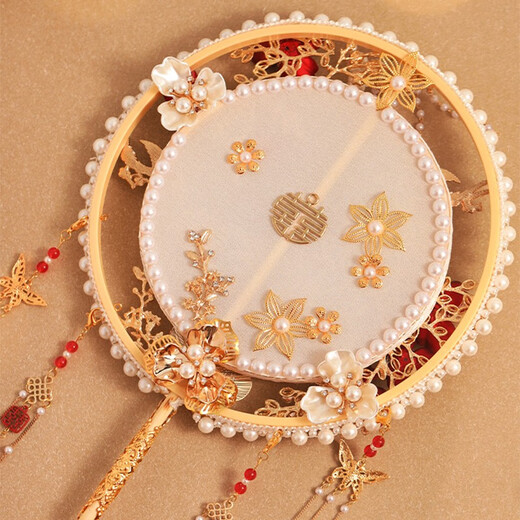 遇上佳人团扇结婚 喜扇礼物新婚礼物送新人新娘婚礼礼物手捧花香槟色团扇 白色团扇礼盒套装【拉菲草礼盒】