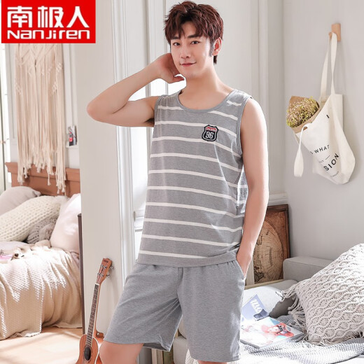 Antarctic Pajamas Men's Vest Summer Sleeveless Shorts Thin Cotton Men's Casual Home Wear Set Dark Gray Doggy XL