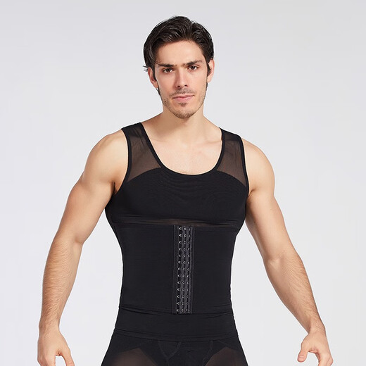 French KJ shapewear men's tummy control vest elastic slim fit tummy control waist corset breast button enhanced version tummy control belt shaping underwear sports fitness beer belly body suit new product black (vest) M (recommended 70-120Jin Jin is equal to 0.5 kg)