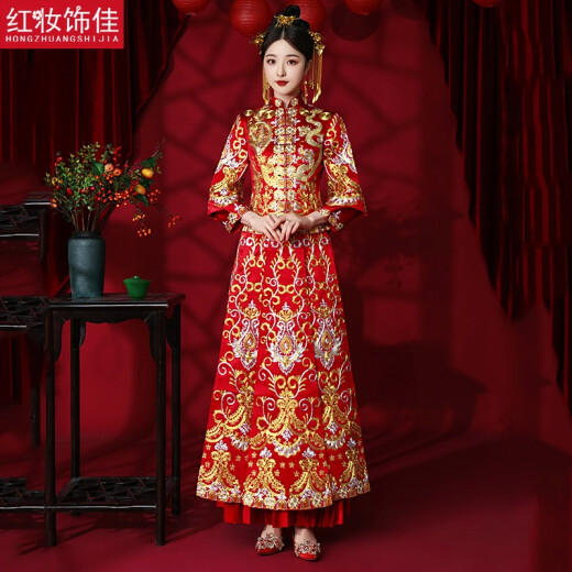 Red makeup Jiaxiuhe clothing couple's style Chinese wedding dress men's and women's suit 2024 new wedding dress heavy industry couple toasting suit men's [heavy industry Pan Jinxiu] S