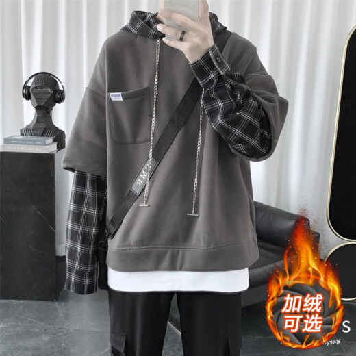 Wushe sweatshirt men's hooded winter velvet thickened warm Korean style trend ins Hong Kong style top loose couple clothes men's fake two-piece coat W126 dark gray (regular style) M