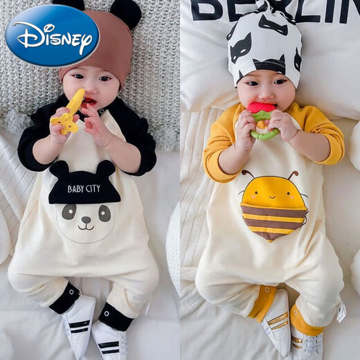 Disney (Disney) pure cotton baby jumpsuit for boys and girls, spring and autumn, toddler children's clothing, pajamas, baby clothes, newborn bag fart clothes for going out, white Snoopy, long sleeves, spring and autumn style, 90cm 20-24Jin Jin is equal to 0.5 kg