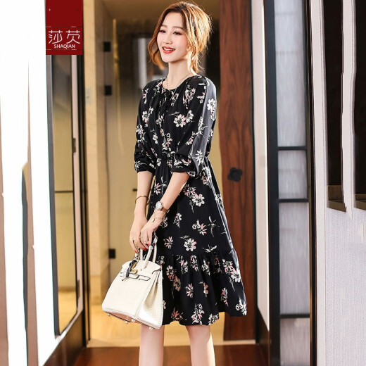 [Sale] Shaqi Long Sleeve Printed Dress Autumn Women's 2020 New Loose Waist Slim Midi-Length Skirt Women Black L (111-125Jin [Jin equals 0.5 kg])