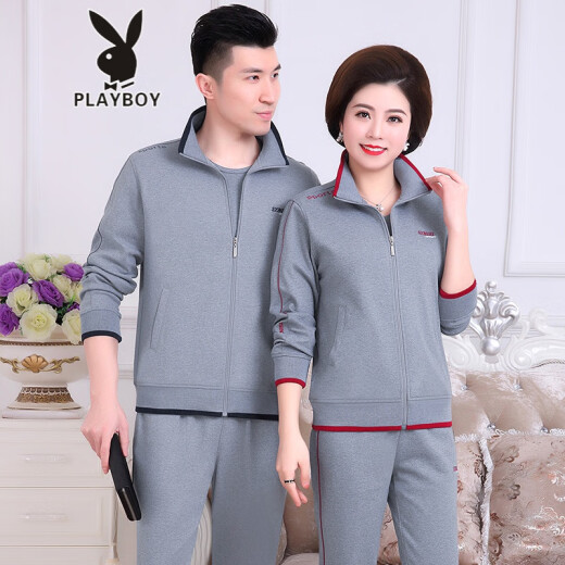 Playboy PLAYBOY high-end couple sweatshirt spring and autumn middle-aged and elderly women's clothing parents autumn casual wear suit jacket three-piece suit women's light gray (including short T) M