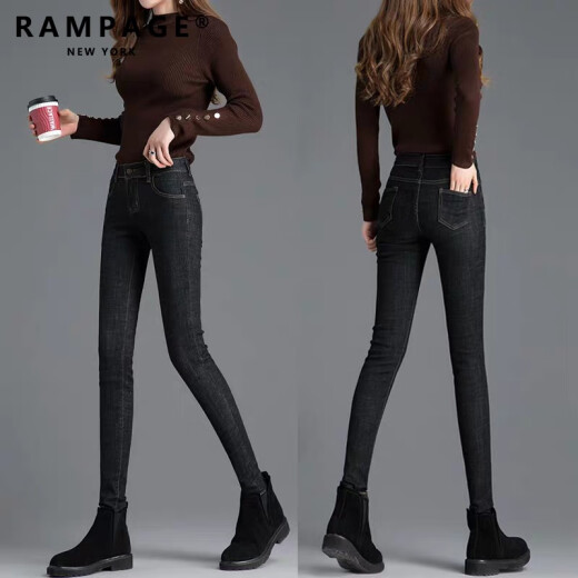 RAMPAGE high-quality velvet jeans for women in autumn and winter new style ultra-high waist elastic slim slimming light luxury versatile pants for women retro blue plus velvet [warm and cold] 25