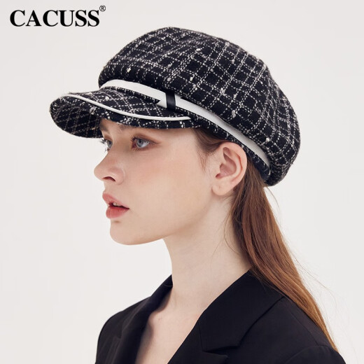 CACUSS hat women's autumn and winter small fragrance fashion newsboy hat British versatile beret plaid retro women's hat ZP0062 black medium size 57cm