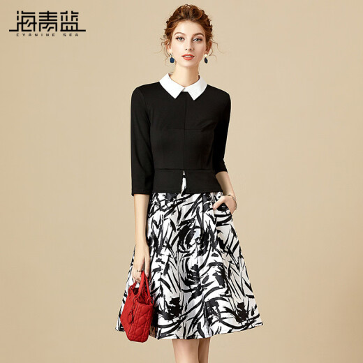 Haiqinglan Clothing Fashion Women's Spring and Autumn Dress Women's New Temperament Printed Waist Stitching Fake Two-piece A-Line Skirt 52311 Black XL