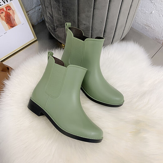 雨靴女时尚百搭雨鞋短筒防雨防滑水靴低帮成人外穿水鞋保暖防水鞋 绿色 36