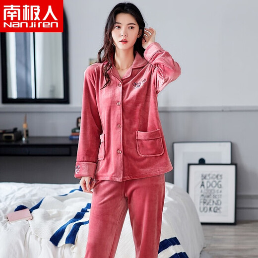 有趣熊睡衣女秋冬新款海岛绒加厚长袖长裤金丝绒开衫翻领开衫两件套女士 NSALM-9221 女-M(152-160cm，90-108斤)