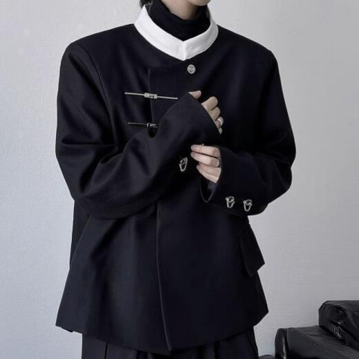 An Chuxia new Chinese style stand collar shoulder pad suit jacket men's spring and autumn trend niche design metal buckle casual suit black + black bottoming shirt + black trousers XL recommended 170-180c130-145Jin Jin equals 0.5 kg