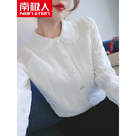 Antarctic long-sleeved shirt for women 2021 spring new long-sleeved lace shirt embroidered doll collar shirt temperament fashion chiffon shirt women's top trendy BH335-817-white M