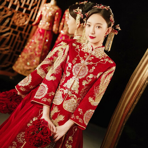 ZEIMSSMM Xiuhe Wedding Bridal 2022 New Chinese Wedding Dress Wedding Cheongsam Toast Wear Dragon and Phoenix Coat 803 Long Sleeve M