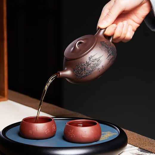 Zun Hu Yixing purple clay teapot stone ladle teapot handmade tea set teapot original mineral purple mud teapot carved landscape stone ladle 200cc
