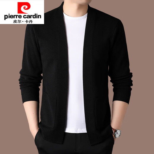 Pierre Cardin high-end wool sweater men's knitted cardigan spring and autumn new solid color fashion versatile casual black sweater jacket black XL 175/ (suitable for weight 140-160)