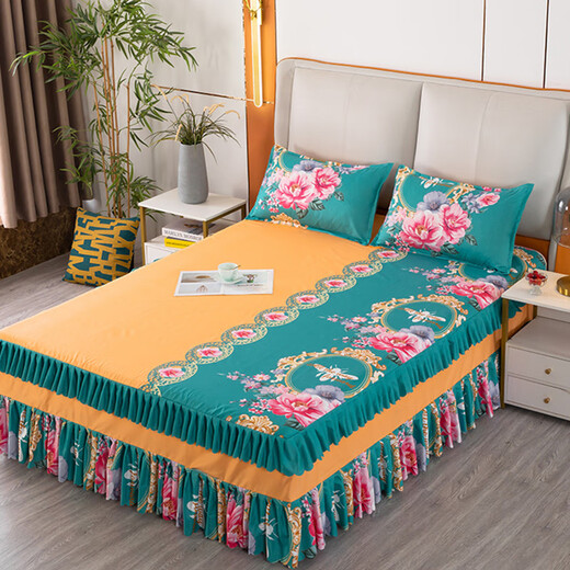 Thickened brushed double bed skirt Simmons Korean style bedspread bed skirt sheet bed sheet new three-layer edge orange windmill 200cmx220cm single piece bed skirt