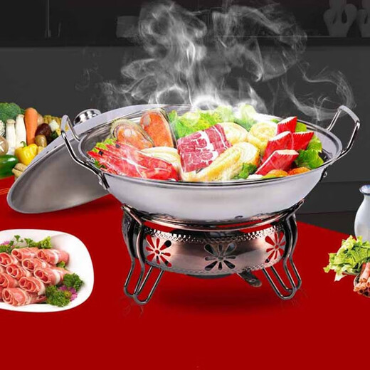 Shen Fu stainless steel hot pot household liquid solid alcohol stove dormitory portable small dry boiler pot lid iron stove set stainless steel hot pot copper color 24cm