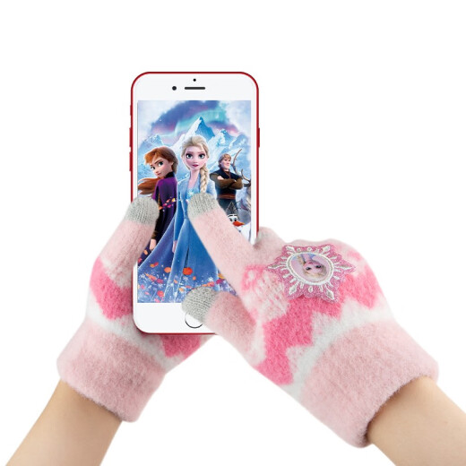 Disney children's five-finger gloves with velvet and thickening in winter to keep warm for girls ice and snow kindergarten elementary school students warm gloves flip pink princess one size fits all