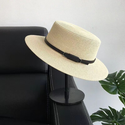 ALBINELE white top hat small fragrance Hepburn style retro summer British French elegant photo hat flat top lady straw hat beige adjustable