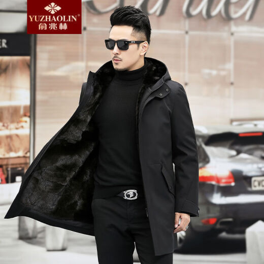 Yu Zhaolin high-end light luxury new style parka men's fur one-piece mink liner mid-length nikon men's genuine leather fur coat jacket black M