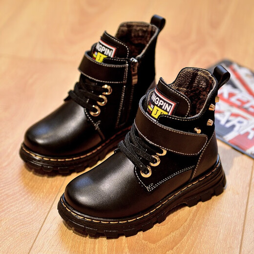轩途诗儿童皮鞋男童马丁靴子加绒耐磨防水男童鞋男孩儿童靴子棉舒适鞋子 10083黑色加绒 38