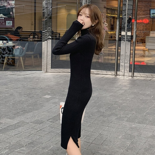 XuanNi half turtleneck bottoming knitted sweater dress simple solid color chic slim fit slit long sleeve mid-length a-line skirt XNMX1093 black one size fits all