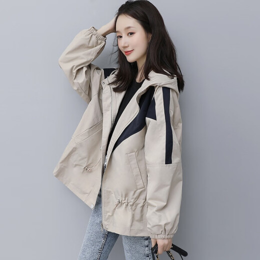 Xuan Lan Casual Windbreaker Women's 2020 Autumn New Korean Style Loose Short Coat Spring and Autumn Mid-Length Small Jacket Ins Baseball Uniform Hooded Jacket Women 2335 Apricot XL
