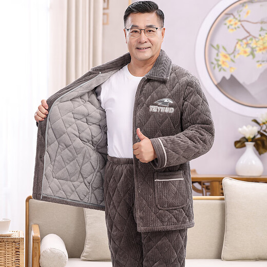 随阅睡衣男士冬季加绒加厚爸爸棉袄冬天牛奶绒保暖家居服中老年人套装 N9926F蓝 牛奶绒 升级加厚 L 码 90-120斤