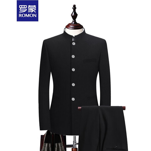 Luo Meng Tang Suit Men's Suit Men's Chinese Stand Collar Mao Suit Youth Korean Slim Interview Business Chinese Style Wedding Dress Trendy Custom-Made Black-Slits on Both Sides 170/92B(46B)