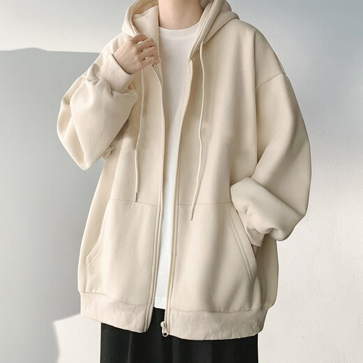 Baiqueting Jacket Men's 2025 Autumn and Winter American Fashion Brand Hooded Cardigan Jacket Men's Teen Fashion Velvet Sweatshirt Men's Apricot XL