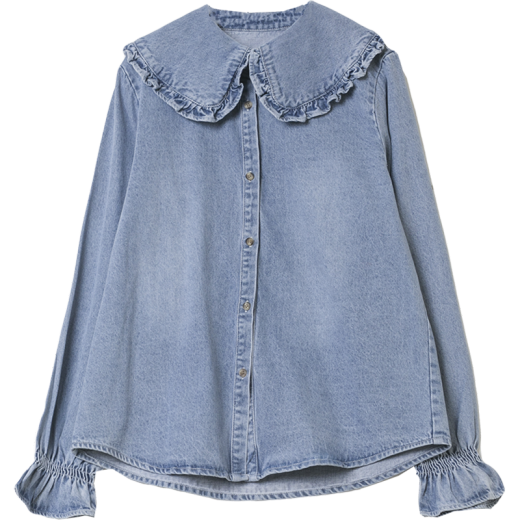 EGGKA doll collar blue denim shirt women's retro loose 2020 autumn and winter new long-sleeved shirt jacket light blue one size