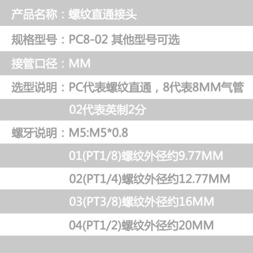 Zhuolu pneumatic quick connector trachea quick-insert threaded straight-through pneumatic connector PC series mechanical tool components 2 points external screw PC8-02 connected to 8*5mm hose 5 pieces