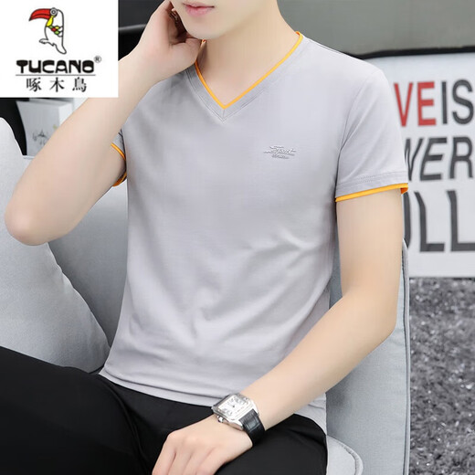 Woodpecker (Tucano) Odell Cotton Summer Sommer V-Ausschnitt mit kurzärärmernem T-Shirt Herren-Trend-Basishemd halbärmelte schlankes Körperhemd reine Baumwoll-Freizeitkleidung Q692 White XL [vorgeschlagen 125-140jin [Jin gleich 0,5 kg]]