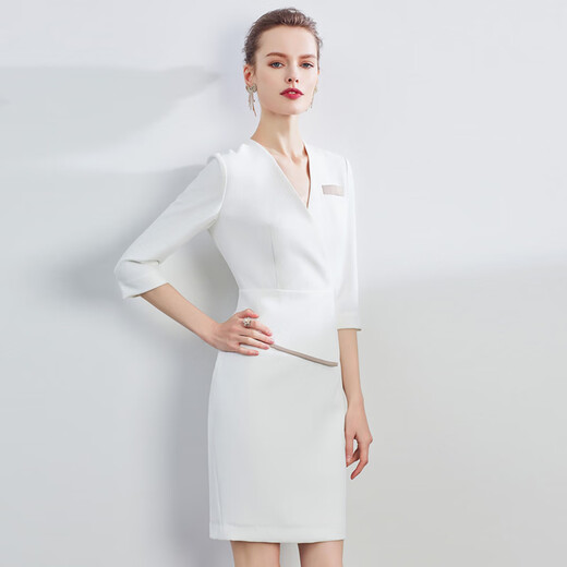 FASLOV Pendeln Exquisite Arbeitskleidung Damen Verkaufsabteilung Hotel Kundenservice Kleid Hosting Bankett Geschäftskleidung Weißes Kleid L