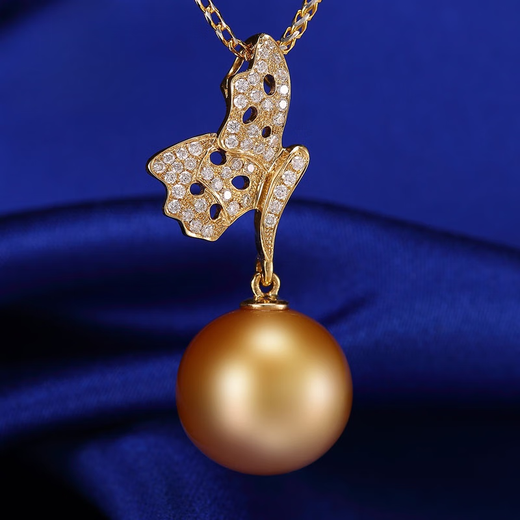 Red shadow Xian Enni yellow 18K gold gold bead pearl necklace round bright light group inlaid diamond butterfly buckle head pendant commemorative