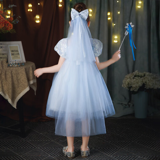 Wankai Frozen Luminous Skirt Girls Elsa Princess Skirt Children Elsa Sequined Puff Dress Princess Luminous Skirt + Headwear + Jewelry 7-piece Set 100cm