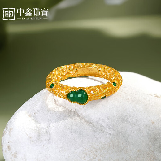 Zhongxin Jewelry Fulu Xiangyun Gold Ring Ancient Filigree Ring Full of Chrysoprase Gourd Pure Gold Ring Women's Day Gift Gold Weight 4.21 Grams (14 Circle Number)