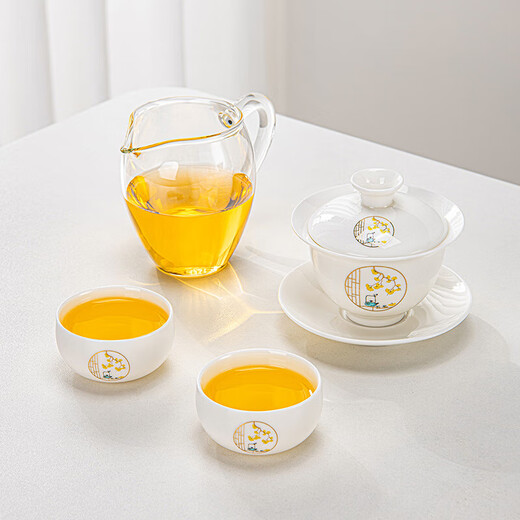 Qixuanyuan Mutton Fat Jade White Porcelain Kung Fu Tea Set Home Living Room Ceramic Covered Bowl Tea Cup Handheld Kettle Drinking Tea Making Tools Yunchu Ting Window Covered Bowl Two-Cup 4-piece Set