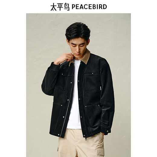 PEACEBIRD Men's Warm Padded Barn Style Work Jacket Men's Winter Black Lapel Jacket Black Second Batch L
