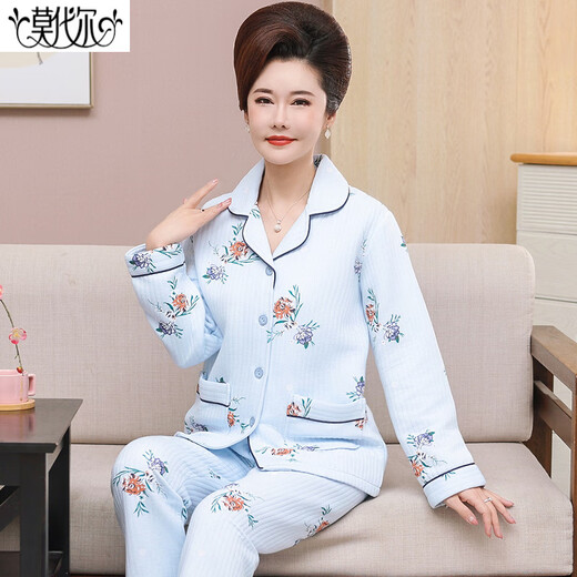 Modal autumn and winter sandwich pajamas for women pure cotton thickened thin quilted fat mm plus size air cotton home clothes middle-aged women 12146 XL recommended 120-140Jin Jin equals 0.5 kg